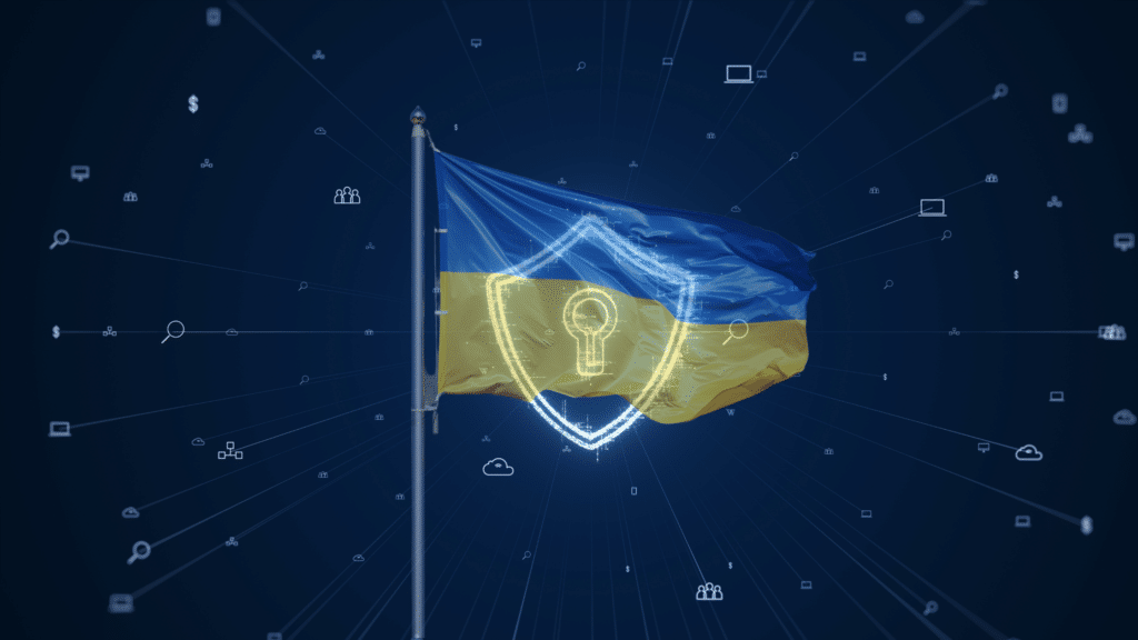 ukraine invasion and russian cybersecurity threats ukraine flag overlayed on cybersecurity background with shield