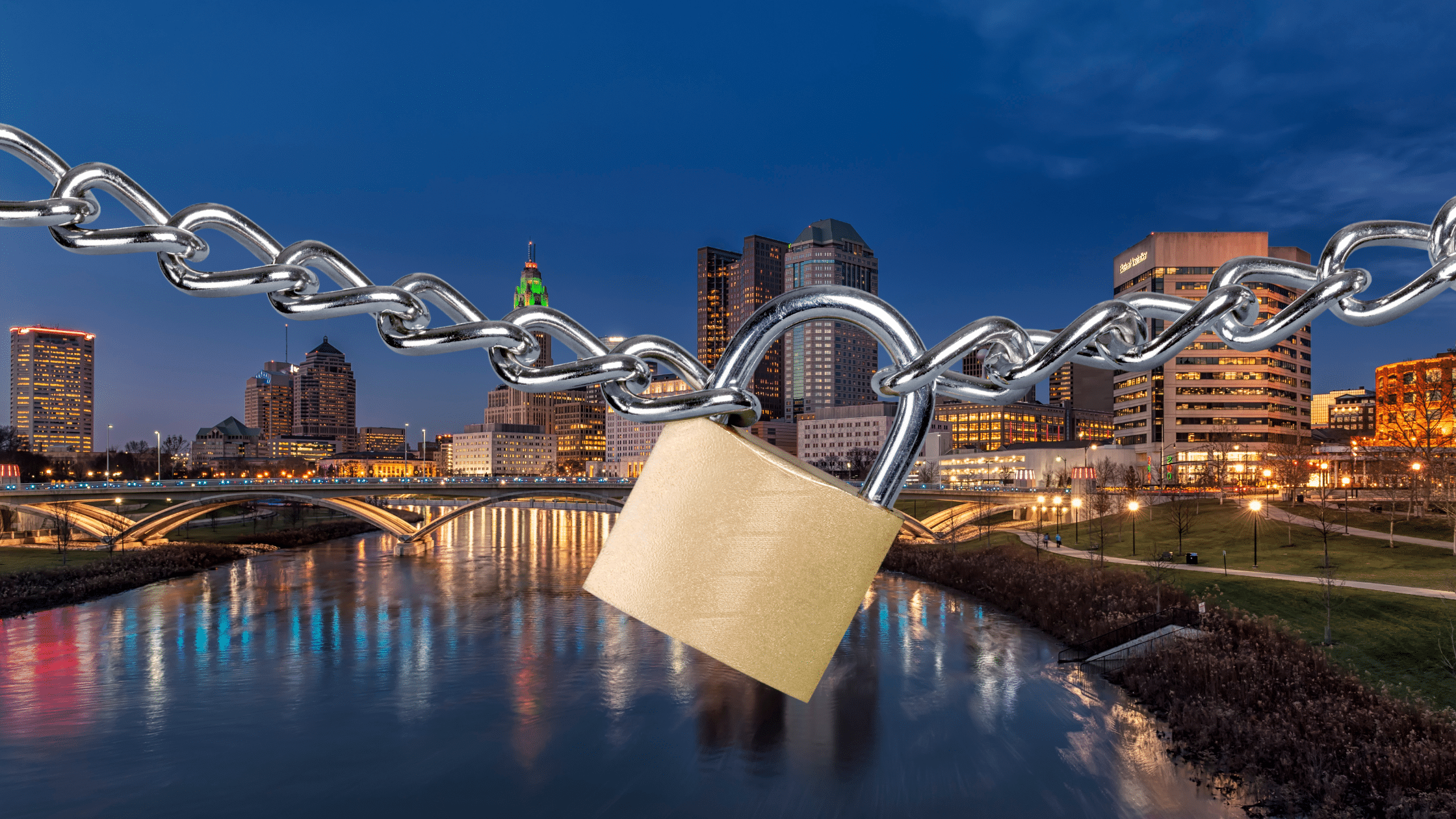 thinkCSC managed security for Columbus organizations - padlock overlaying the city of Columbus skyline